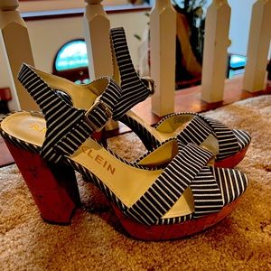 Super cute Anne Klein denim and white striped cork heel